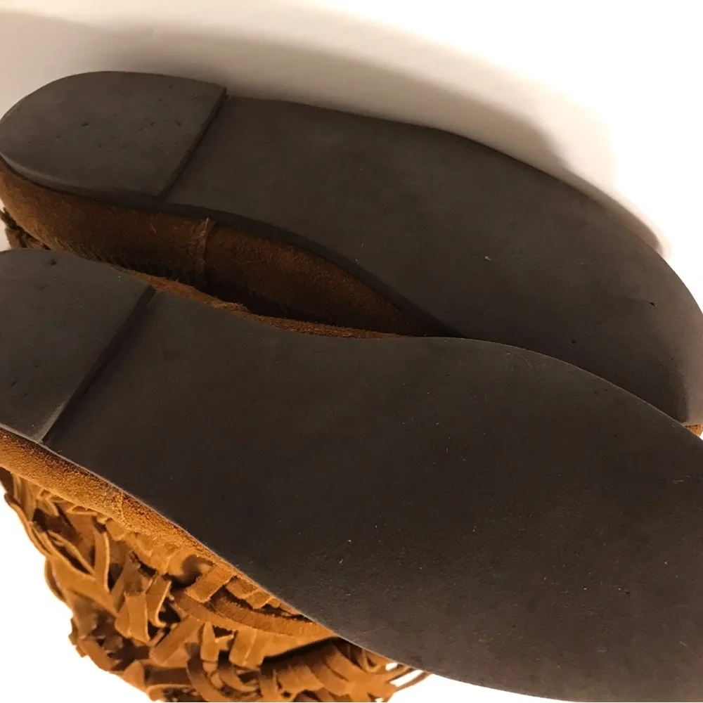 Moccasin brown suede layer tiered fringe boots women fits size 9 - Picture 6 of 11